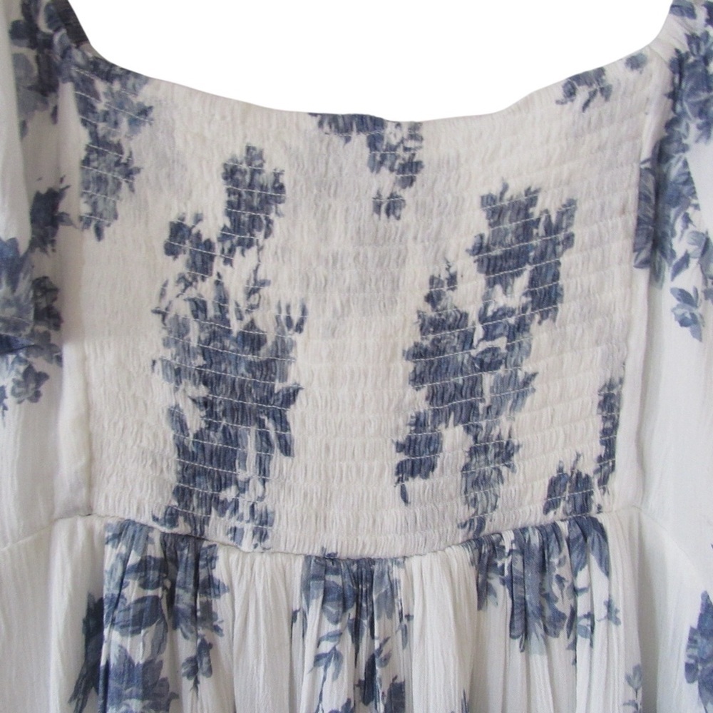 American Eagle Outfitters White Blue Floral Mini Dress XL Smocked Peasant Boho - Picture 8 of 11